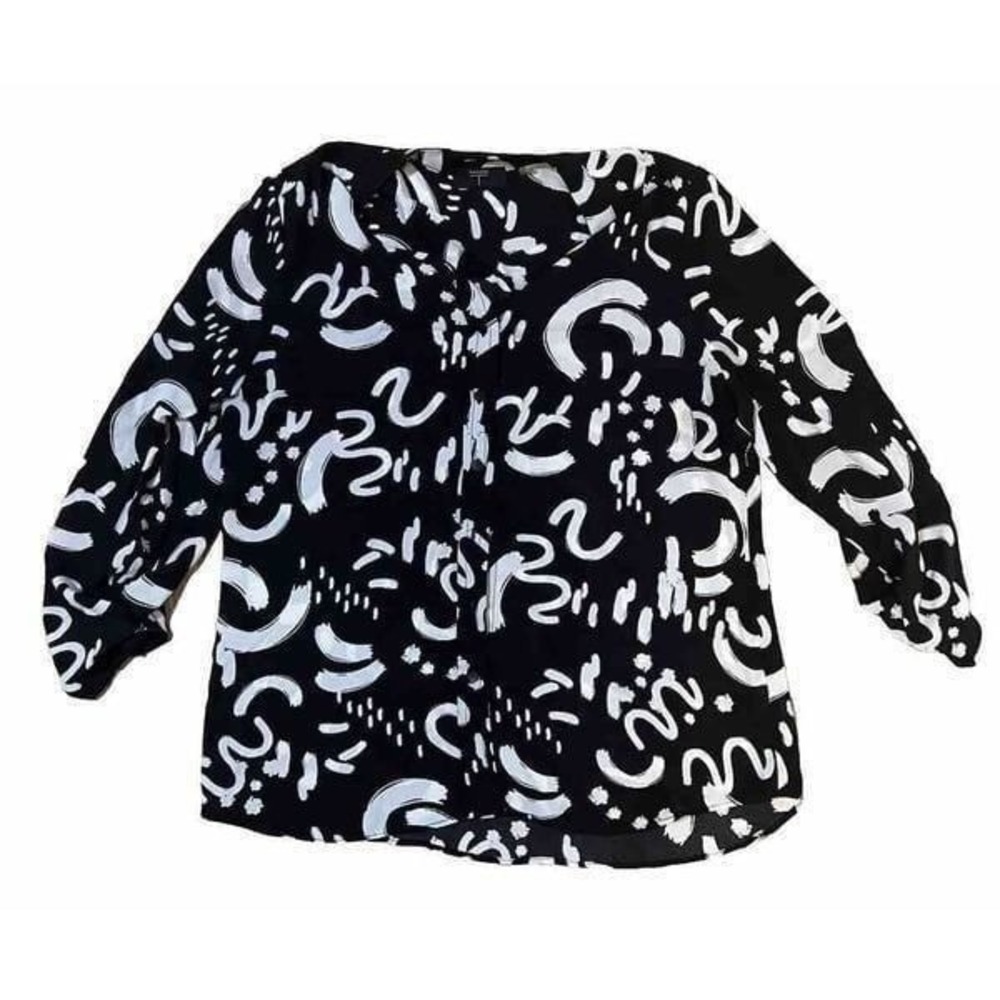 T Tahari Womens Medium Button Up Blouse Black White Silky Brushstroke Print